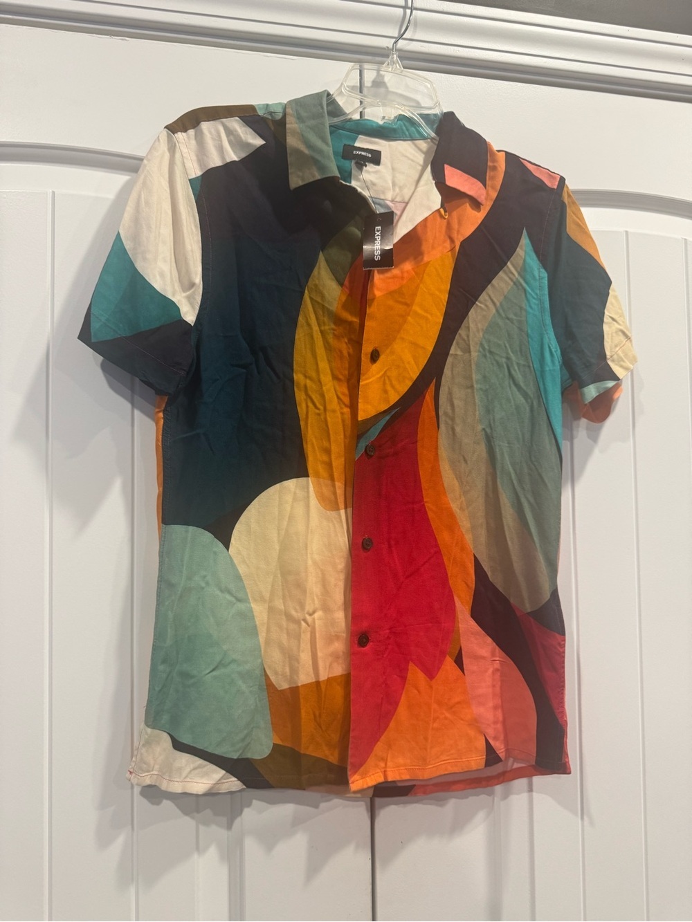 Express Abstract Multicolor Short-Sleeve Button Front Top - Picture 2 of 5